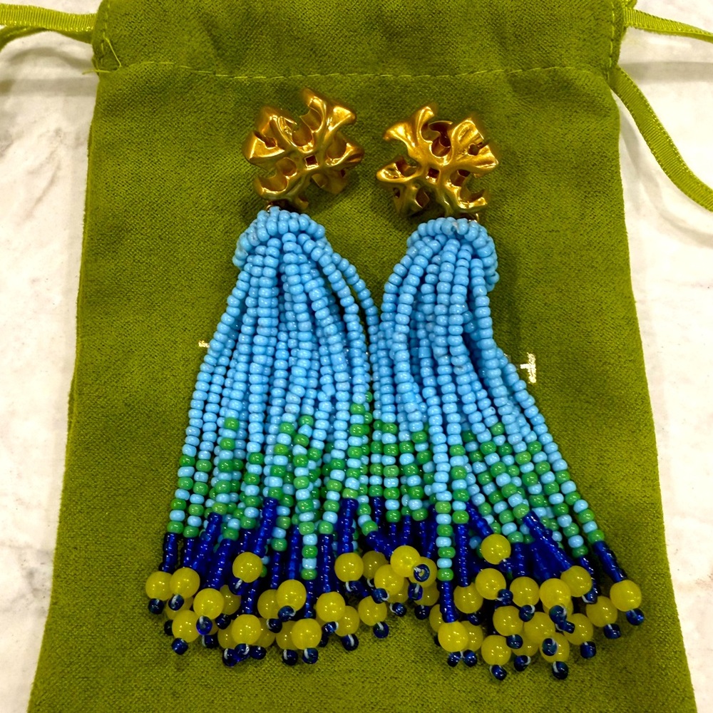 Tory Burch Gold and Blue Beaded Tassel Earrings
